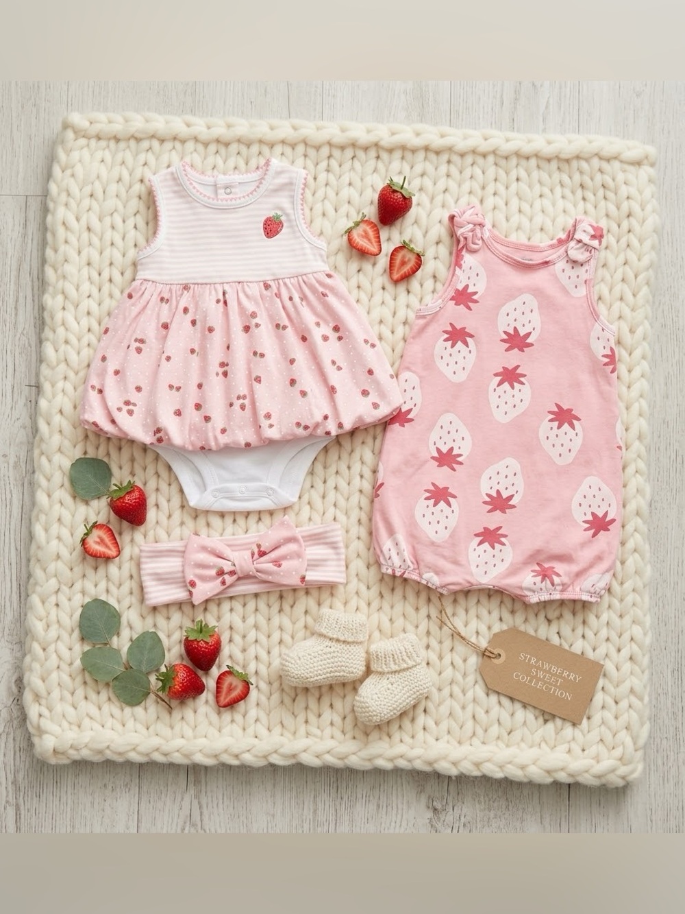 Carter's Pink Strawberry Romper & Little Me Strawberry-Print Dress Bodysuit Set